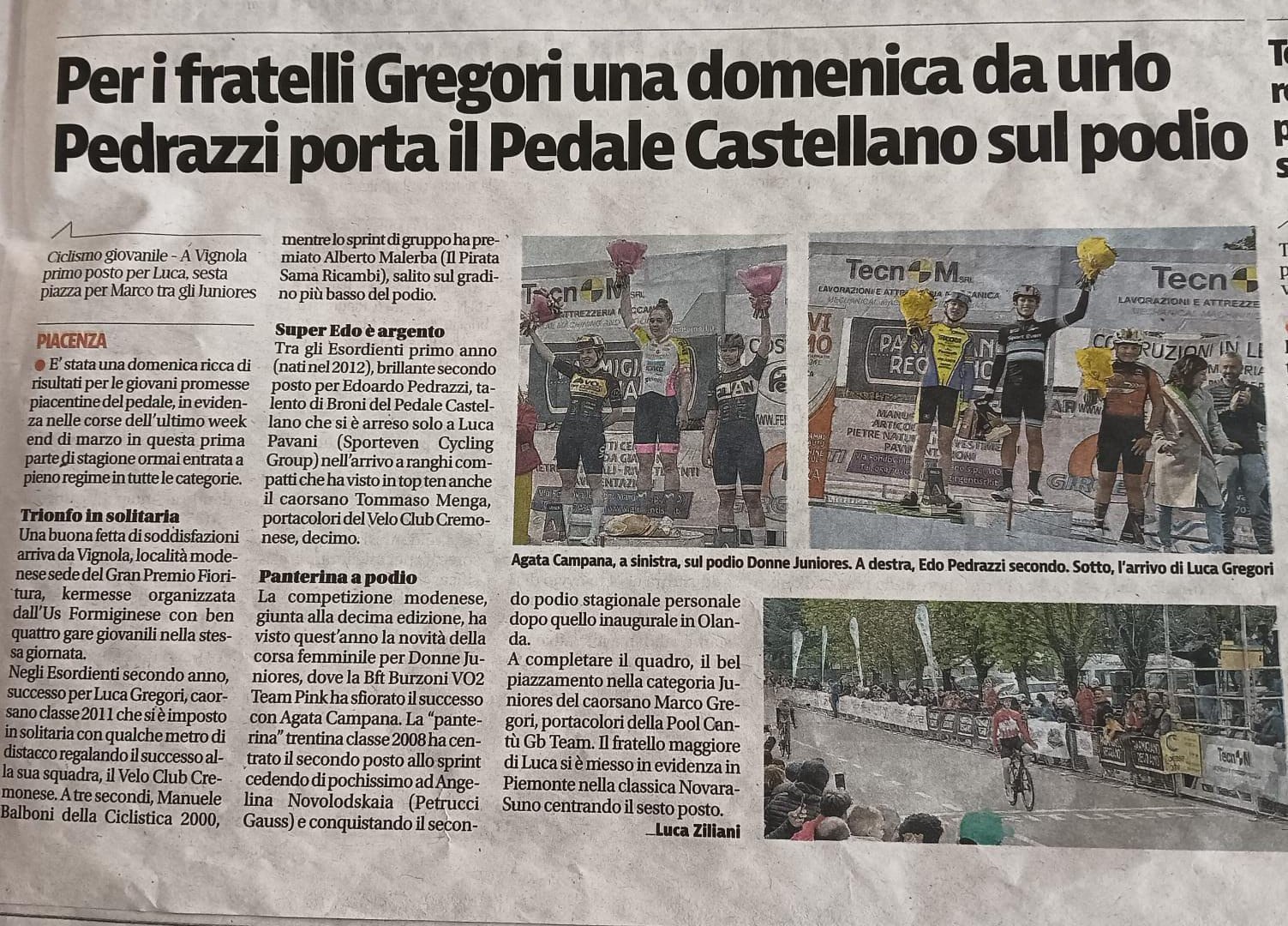 Articolo di giornale: Pedrazzi porta il Pedale Castellano sul podio, con il pezzo Super Edo è argento sul secondo posto di Vignola